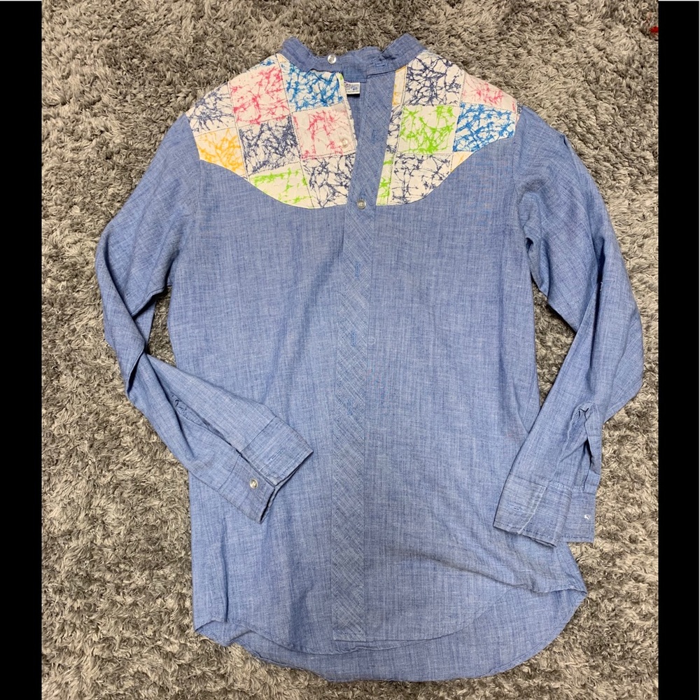 Light wash denim paint splattered button down